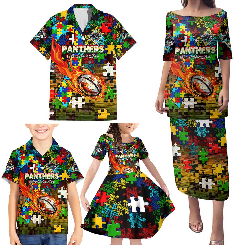 Panthers Autism Awareness Family Matching Puletasi and Hawaiian Shirt Puzzle Flames Rugby Ball