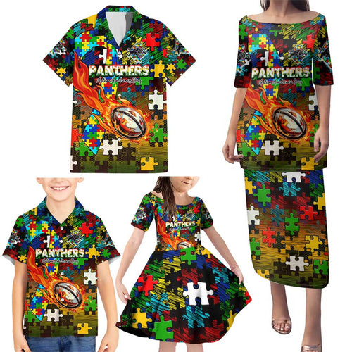 Panthers Autism Awareness Family Matching Puletasi and Hawaiian Shirt Puzzle Flames Rugby Ball