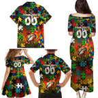 Panthers Autism Awareness Family Matching Puletasi and Hawaiian Shirt Puzzle Flames Rugby Ball