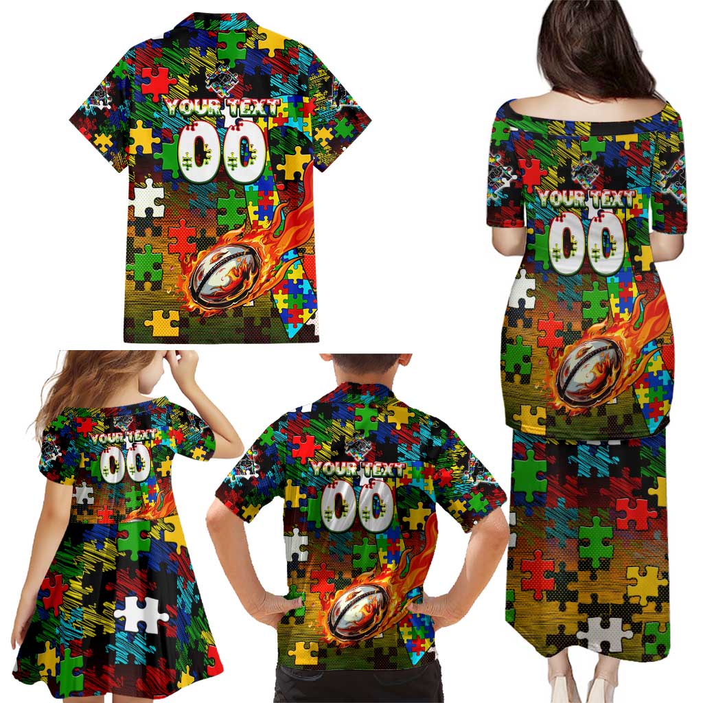 Panthers Autism Awareness Family Matching Puletasi and Hawaiian Shirt Puzzle Flames Rugby Ball
