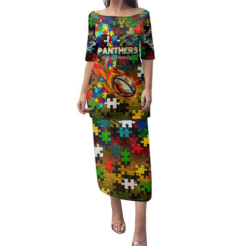Panthers Autism Awareness Family Matching Puletasi and Hawaiian Shirt Puzzle Flames Rugby Ball