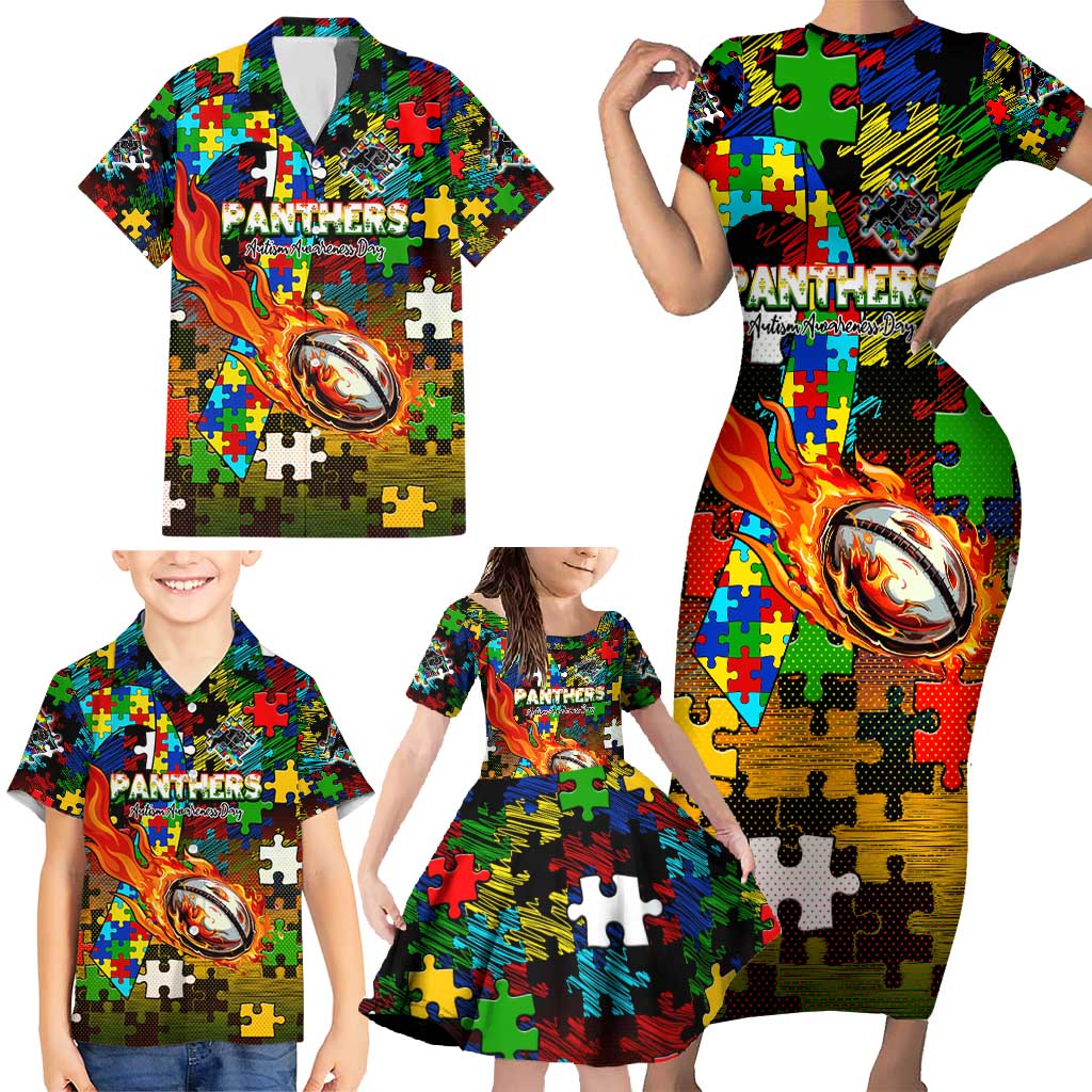 Panthers Autism Awareness Family Matching Short Sleeve Bodycon Dress and Hawaiian Shirt Puzzle Flames Rugby Ball