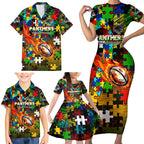 Panthers Autism Awareness Family Matching Short Sleeve Bodycon Dress and Hawaiian Shirt Puzzle Flames Rugby Ball