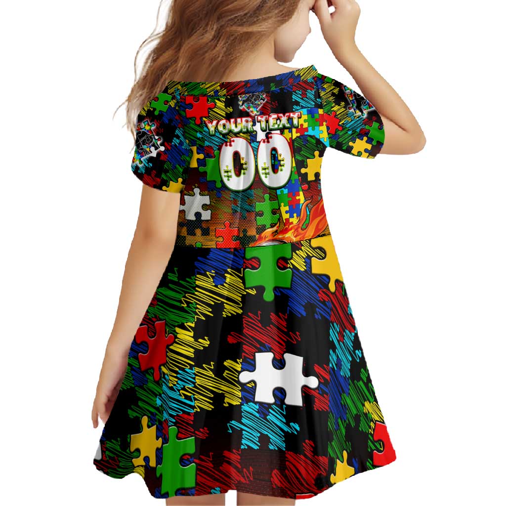 Panthers Autism Awareness Family Matching Short Sleeve Bodycon Dress and Hawaiian Shirt Puzzle Flames Rugby Ball