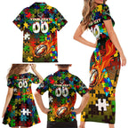 Panthers Autism Awareness Family Matching Short Sleeve Bodycon Dress and Hawaiian Shirt Puzzle Flames Rugby Ball