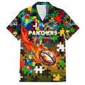 Panthers Autism Awareness Family Matching Short Sleeve Bodycon Dress and Hawaiian Shirt Puzzle Flames Rugby Ball