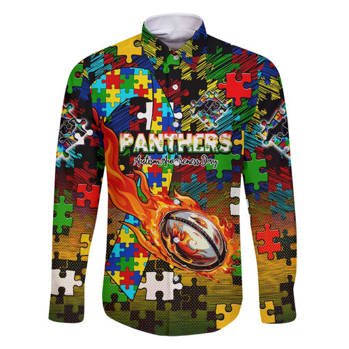 Panthers Autism Awareness Family Matching Short Sleeve Bodycon Dress and Hawaiian Shirt Puzzle Flames Rugby Ball