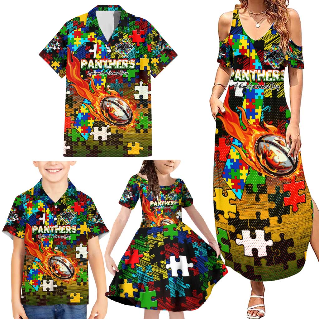 Panthers Autism Awareness Family Matching Summer Maxi Dress and Hawaiian Shirt Puzzle Flames Rugby Ball