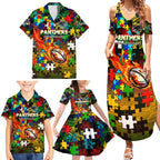 Panthers Autism Awareness Family Matching Summer Maxi Dress and Hawaiian Shirt Puzzle Flames Rugby Ball
