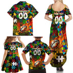 Panthers Autism Awareness Family Matching Summer Maxi Dress and Hawaiian Shirt Puzzle Flames Rugby Ball