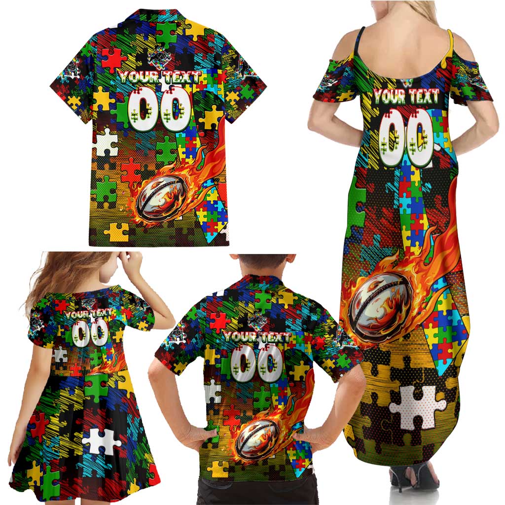 Panthers Autism Awareness Family Matching Summer Maxi Dress and Hawaiian Shirt Puzzle Flames Rugby Ball