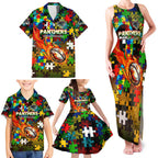 Panthers Autism Awareness Family Matching Tank Maxi Dress and Hawaiian Shirt Puzzle Flames Rugby Ball