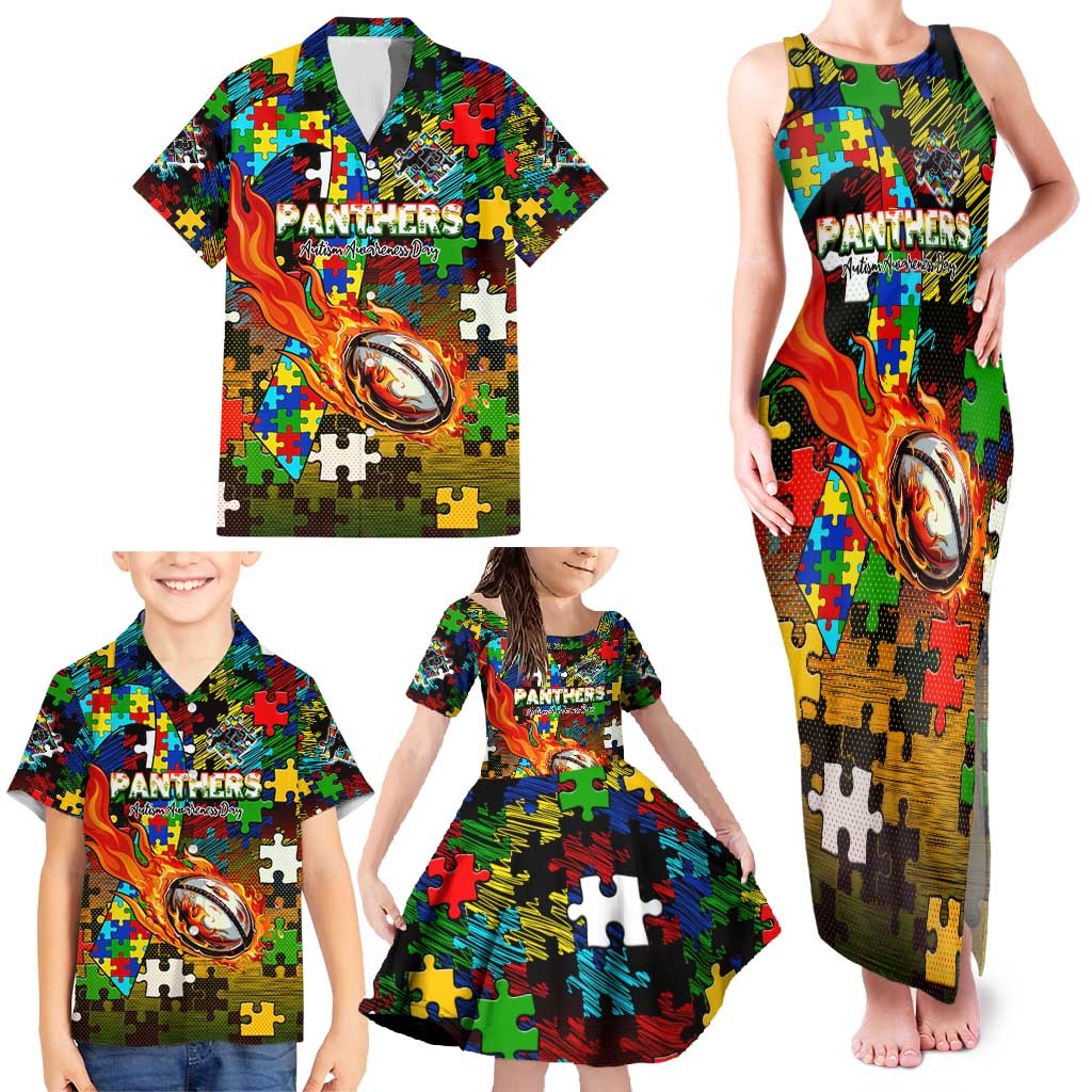 Panthers Autism Awareness Family Matching Tank Maxi Dress and Hawaiian Shirt Puzzle Flames Rugby Ball