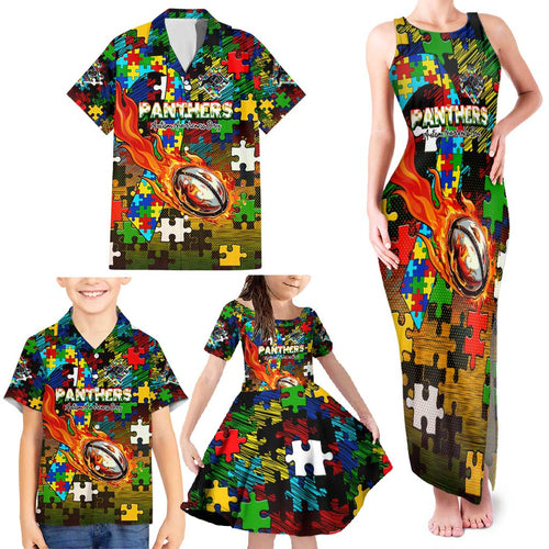Panthers Autism Awareness Family Matching Tank Maxi Dress and Hawaiian Shirt Puzzle Flames Rugby Ball