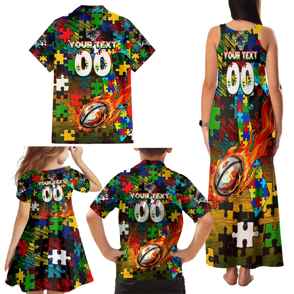 Panthers Autism Awareness Family Matching Tank Maxi Dress and Hawaiian Shirt Puzzle Flames Rugby Ball
