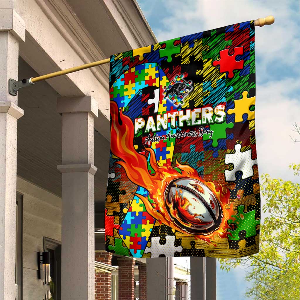 Panthers Autism Awareness Garden Flag Puzzle Flames Rugby Ball