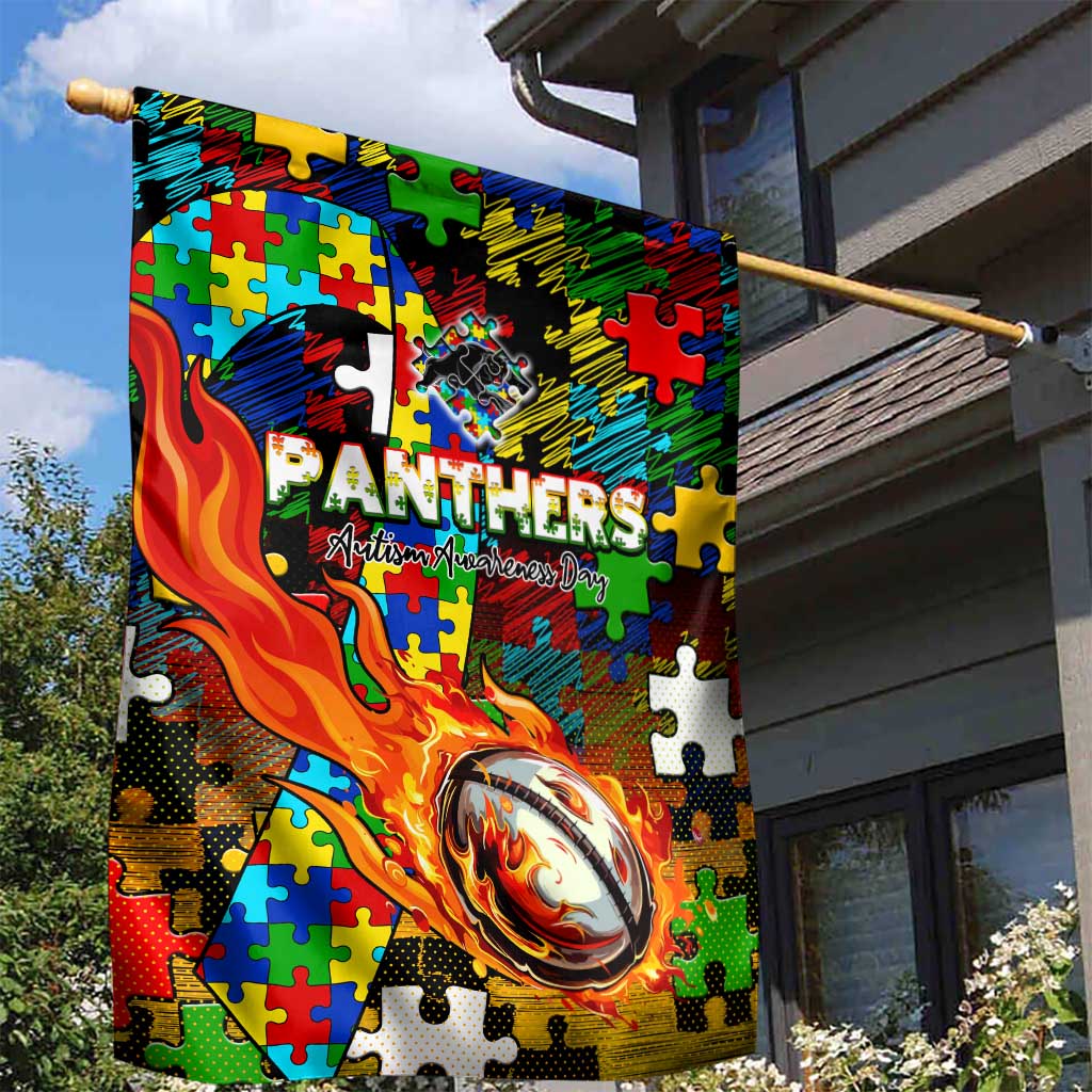 Panthers Autism Awareness Garden Flag Puzzle Flames Rugby Ball