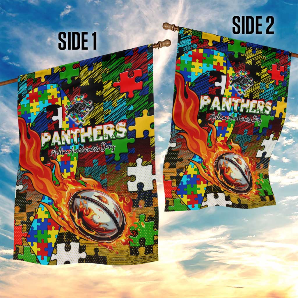 Panthers Autism Awareness Garden Flag Puzzle Flames Rugby Ball