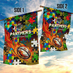 Panthers Autism Awareness Garden Flag Puzzle Flames Rugby Ball