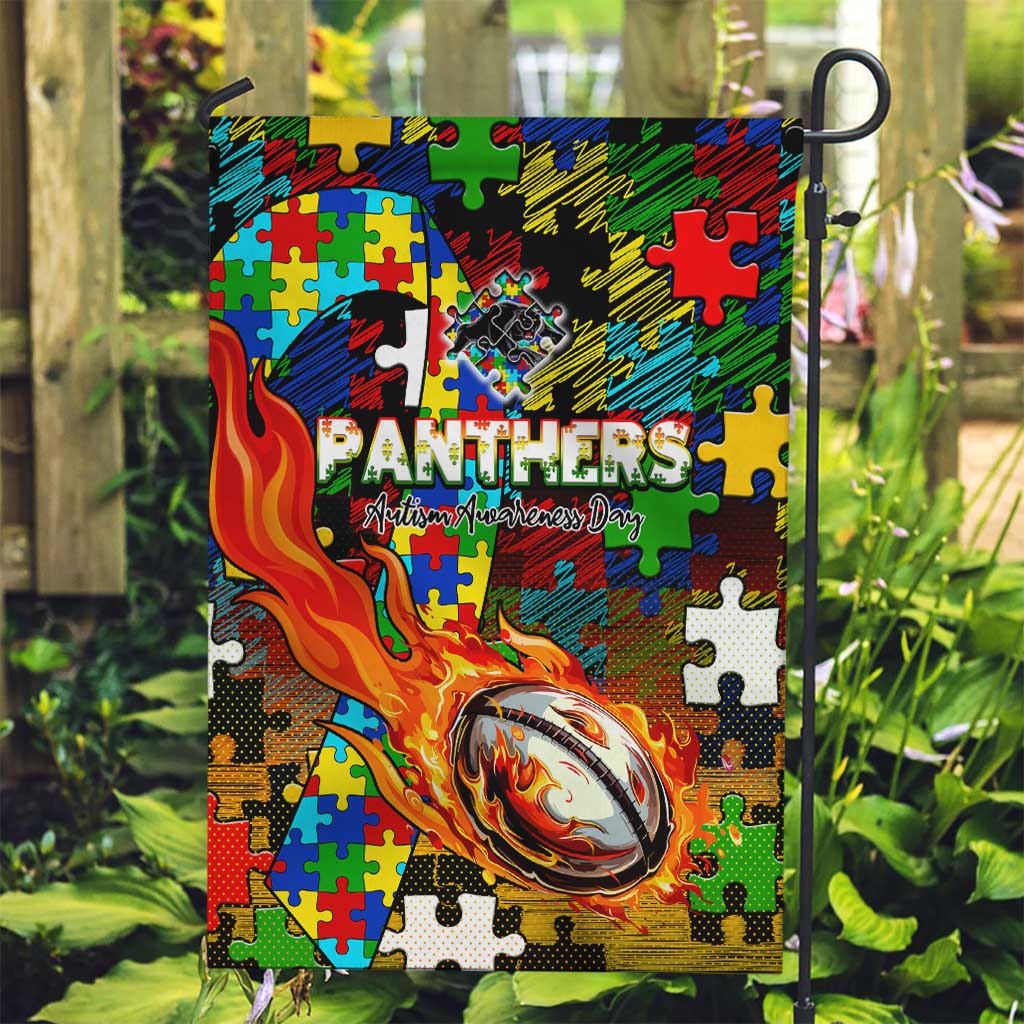 Panthers Autism Awareness Garden Flag Puzzle Flames Rugby Ball