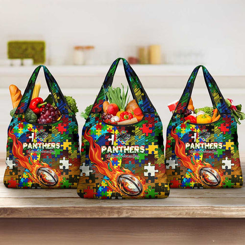 Panthers Autism Awareness Grocery Bag Puzzle Flames Rugby Ball