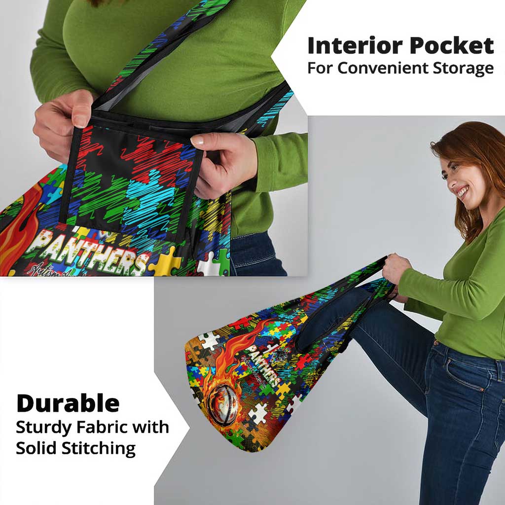 Panthers Autism Awareness Grocery Bag Puzzle Flames Rugby Ball