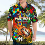 Panthers Autism Awareness Hawaiian Shirt Puzzle Flames Rugby Ball