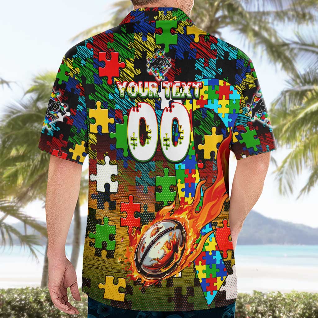 Panthers Autism Awareness Hawaiian Shirt Puzzle Flames Rugby Ball