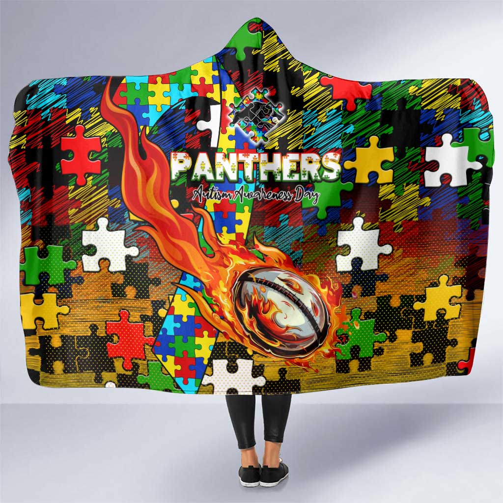 Panthers Autism Awareness Hooded Blanket Puzzle Flames Rugby Ball