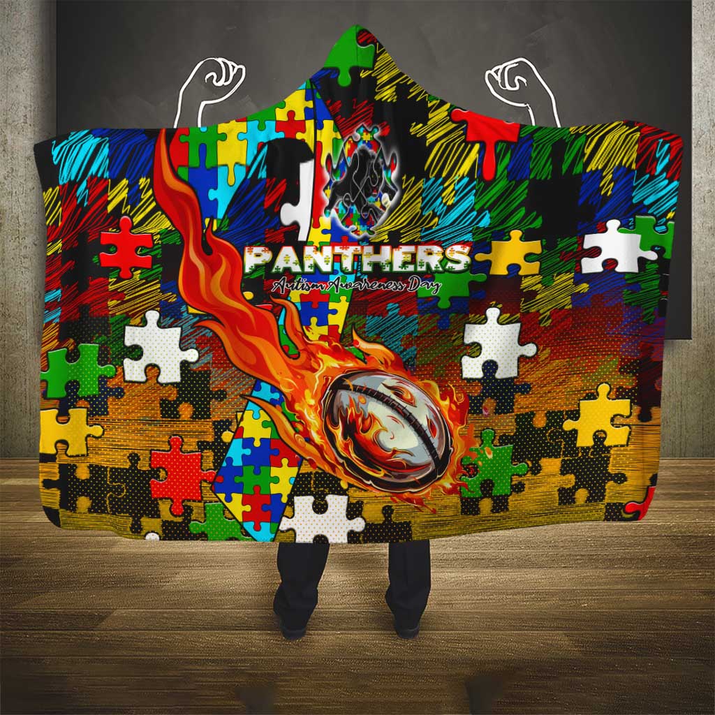 Panthers Autism Awareness Hooded Blanket Puzzle Flames Rugby Ball
