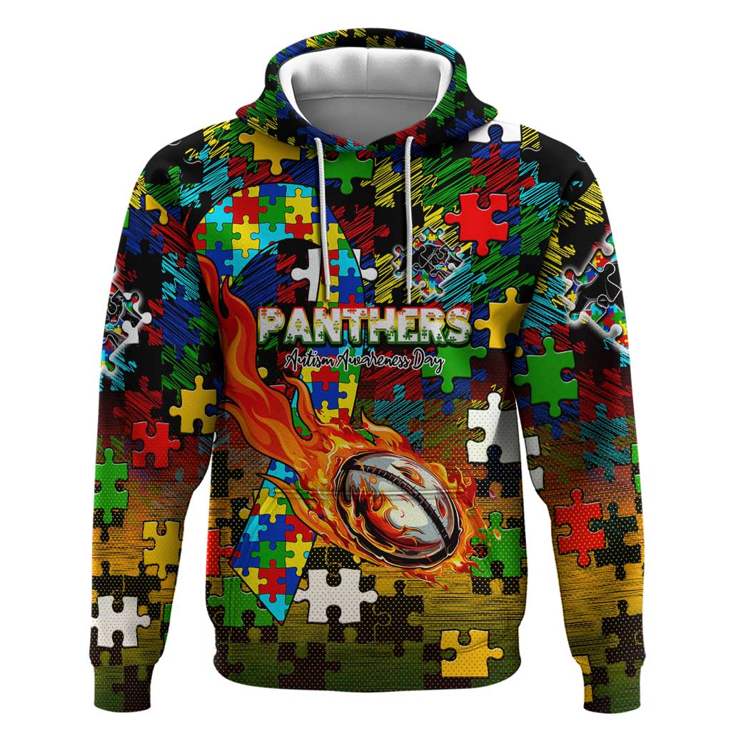 Panthers Autism Awareness Hoodie Puzzle Flames Rugby Ball