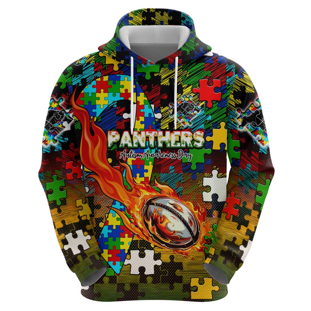Panthers Autism Awareness Hoodie Puzzle Flames Rugby Ball