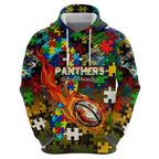 Panthers Autism Awareness Hoodie Puzzle Flames Rugby Ball