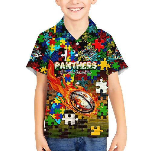 Panthers Autism Awareness Kid Hawaiian Shirt Puzzle Flames Rugby Ball