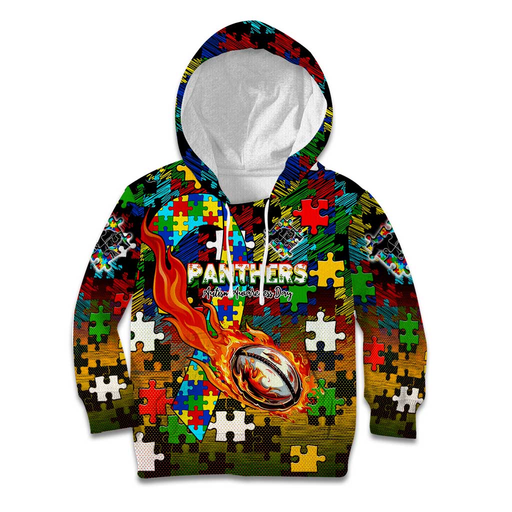 Panthers Autism Awareness Kid Hoodie Puzzle Flames Rugby Ball