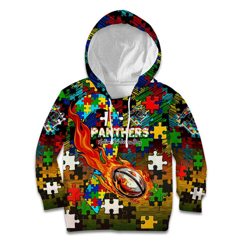 Panthers Autism Awareness Kid Hoodie Puzzle Flames Rugby Ball
