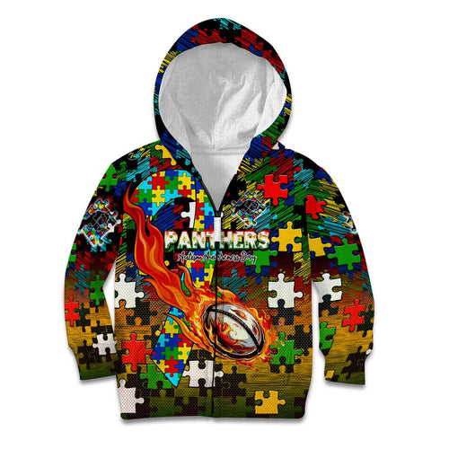 Panthers Autism Awareness Kid Hoodie Puzzle Flames Rugby Ball