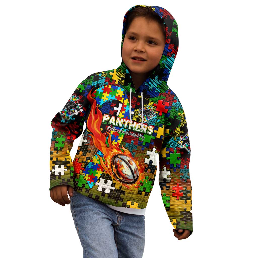 Panthers Autism Awareness Kid Hoodie Puzzle Flames Rugby Ball