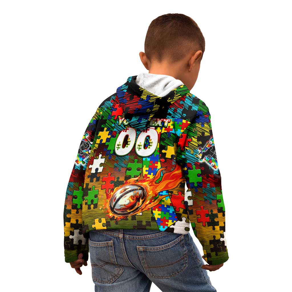 Panthers Autism Awareness Kid Hoodie Puzzle Flames Rugby Ball