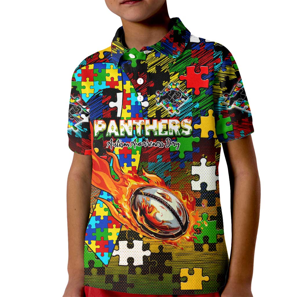 Panthers Autism Awareness Kid Polo Shirt Puzzle Flames Rugby Ball