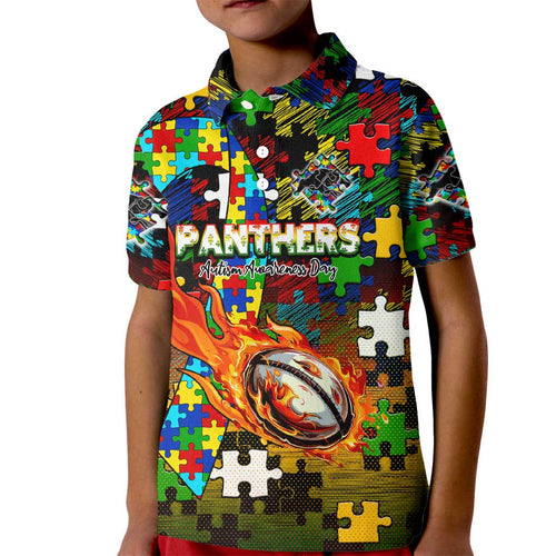Panthers Autism Awareness Kid Polo Shirt Puzzle Flames Rugby Ball