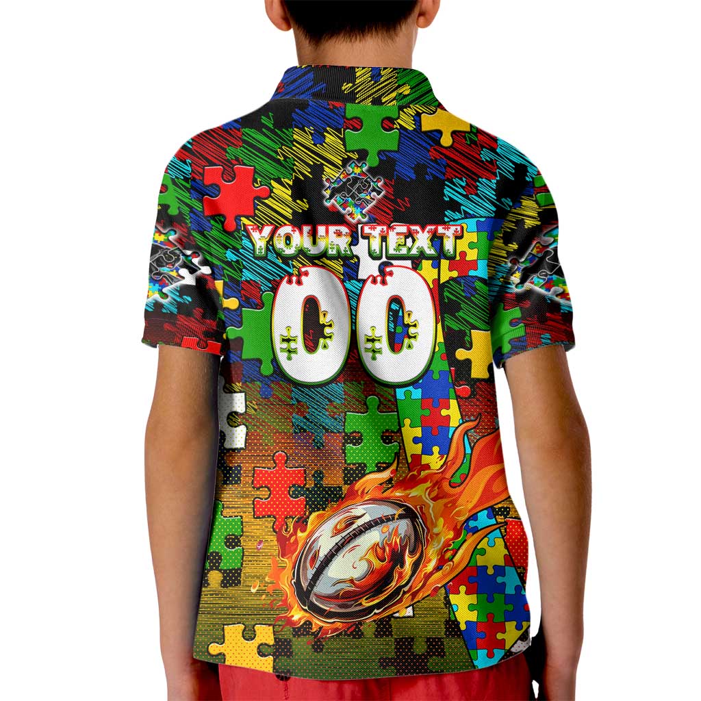 Panthers Autism Awareness Kid Polo Shirt Puzzle Flames Rugby Ball