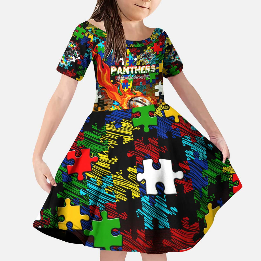 Panthers Autism Awareness Kid Short Sleeve Dress Puzzle Flames Rugby Ball