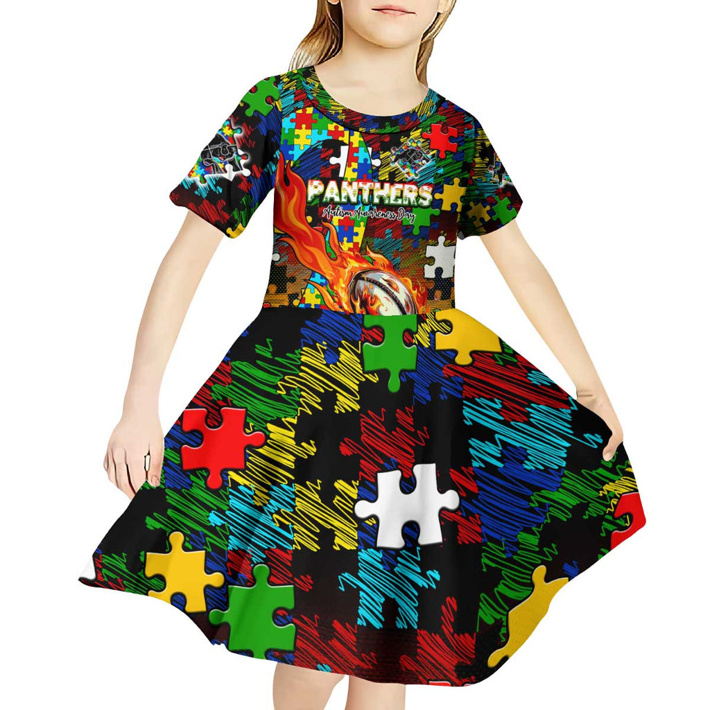 Panthers Autism Awareness Kid Short Sleeve Dress Puzzle Flames Rugby Ball