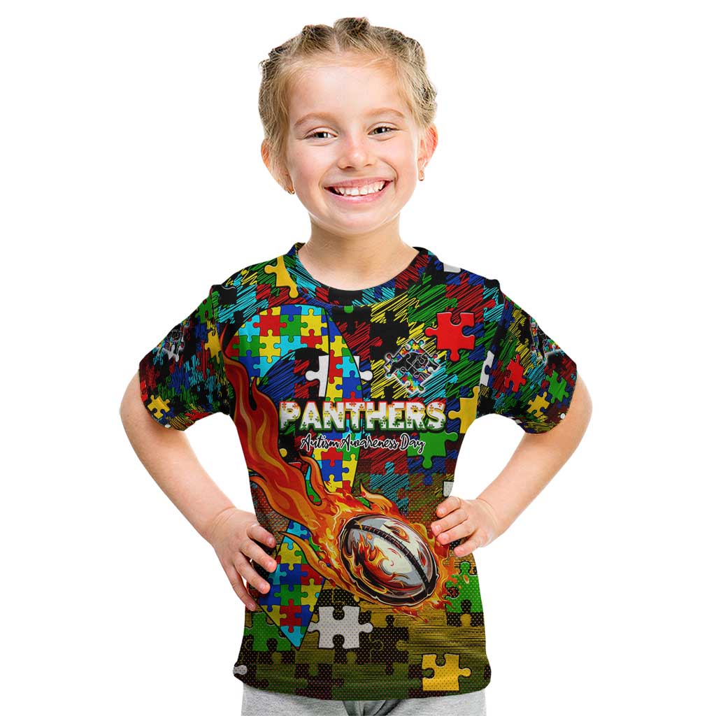 Panthers Autism Awareness Kid T Shirt Puzzle Flames Rugby Ball