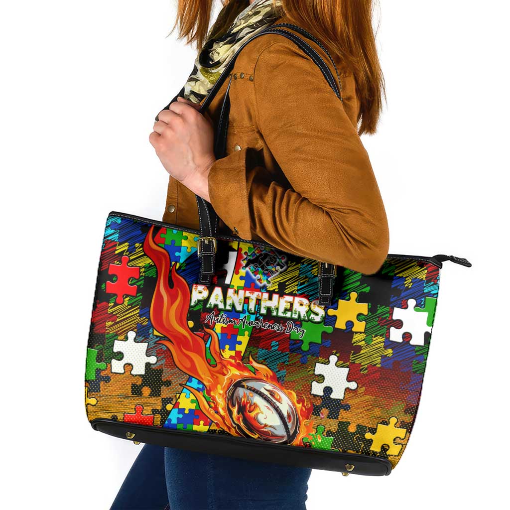 Panthers Autism Awareness Leather Tote Bag Puzzle Flames Rugby Ball