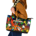 Panthers Autism Awareness Leather Tote Bag Puzzle Flames Rugby Ball