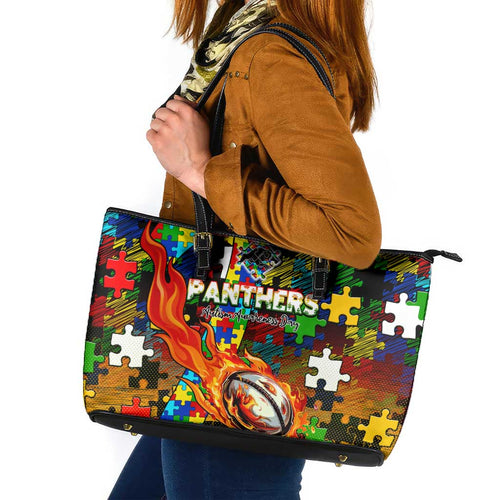 Panthers Autism Awareness Leather Tote Bag Puzzle Flames Rugby Ball