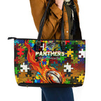 Panthers Autism Awareness Leather Tote Bag Puzzle Flames Rugby Ball