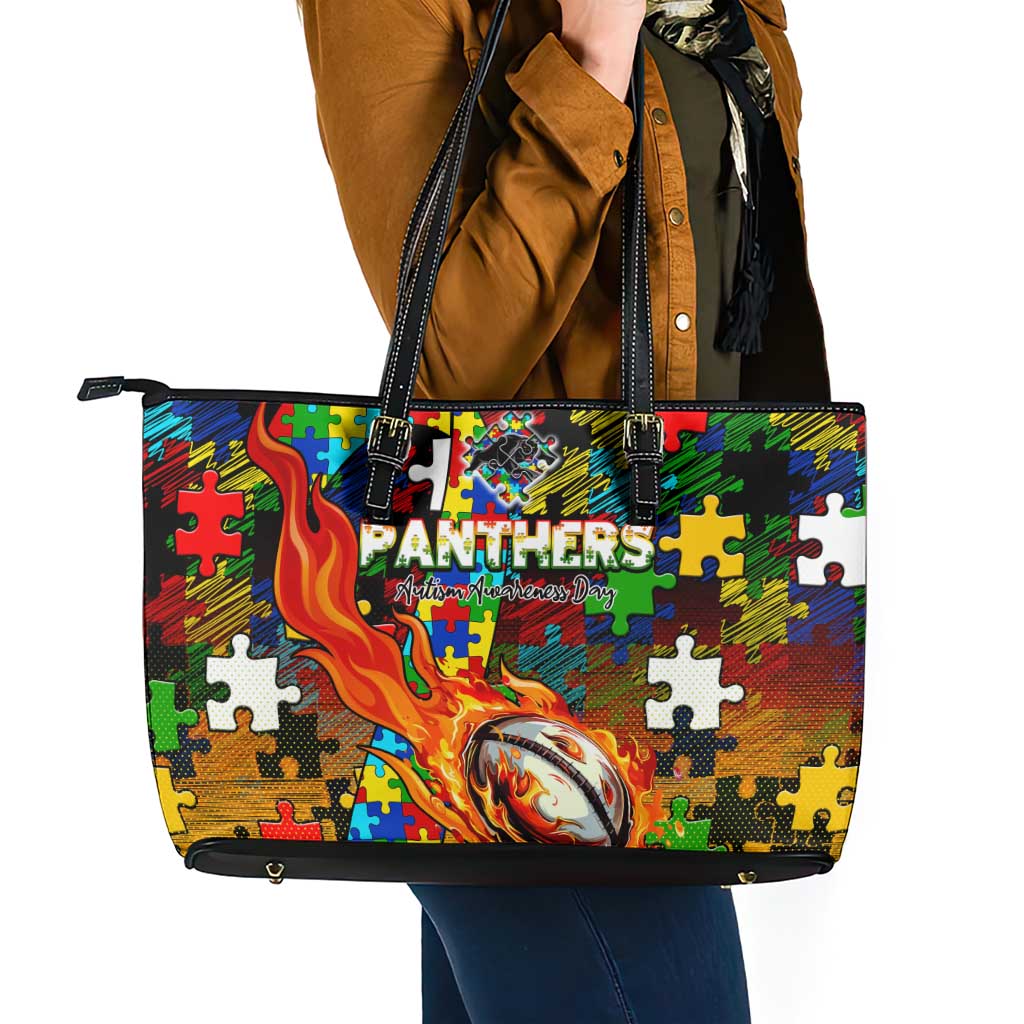 Panthers Autism Awareness Leather Tote Bag Puzzle Flames Rugby Ball